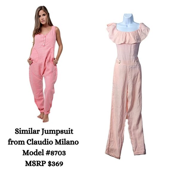 NWT CLAUDIO MILANO Pre-Launch Pink Ruffle Off-Shoulder Linen Jumpsuit #8707 Sz S - Picture 2 of 9